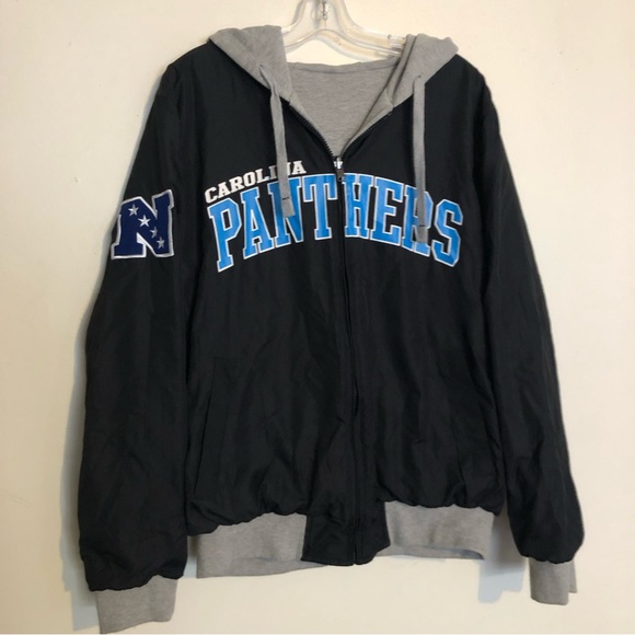 NFL Carolina Panthers Reversible Jacket Hoodie Black Gray Sweatshirt Windbreaker - Picture 1 of 7